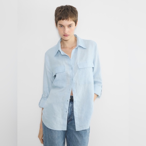 SOLD M Babaton Aritzia Linen Blue Relaxed Utility Button-up Shirt Womens Small - Picture 1 of 11